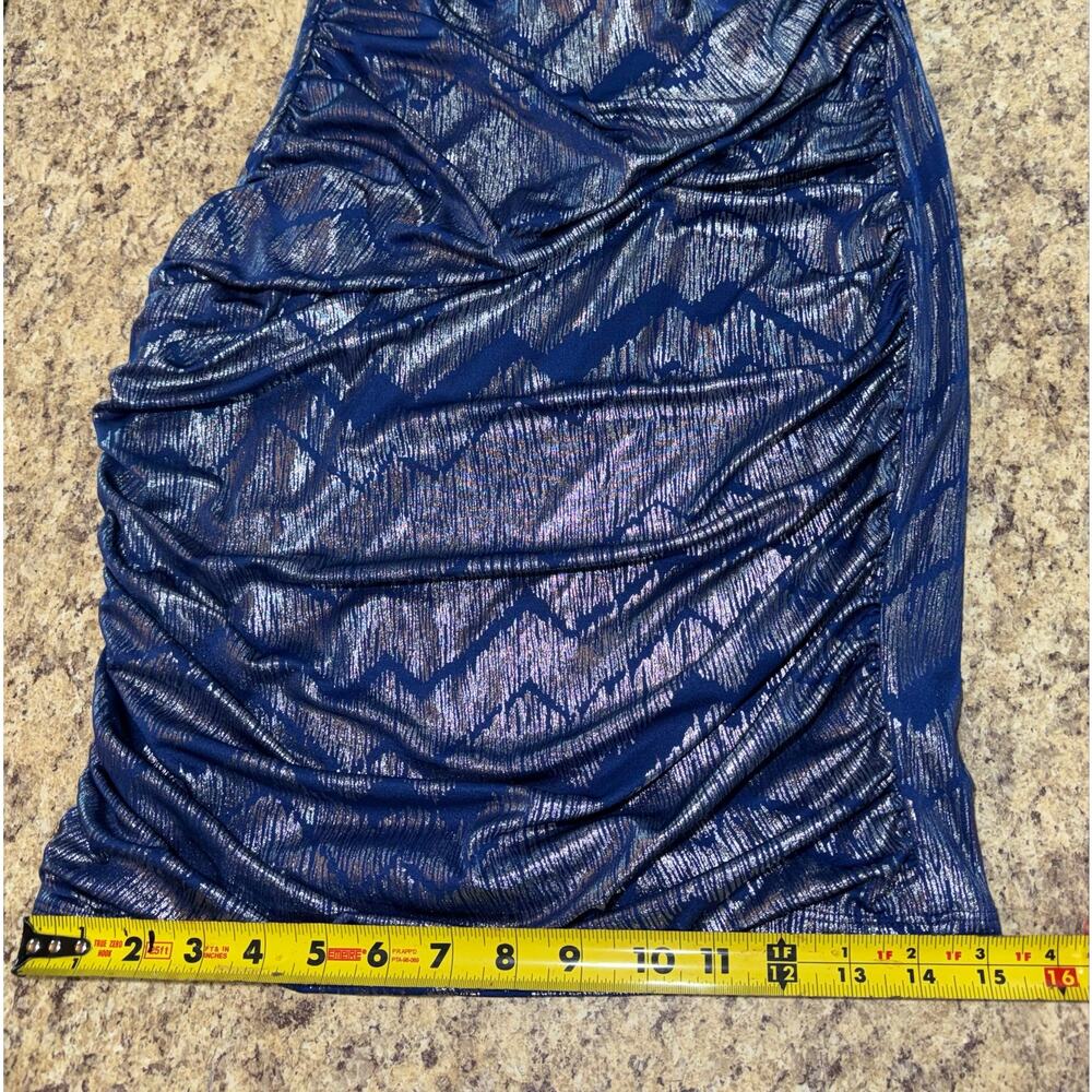 Studio Small Blue Silver Metallic One Shoulder Ruched Cocktail Dress NWT - Picture 9 of 11